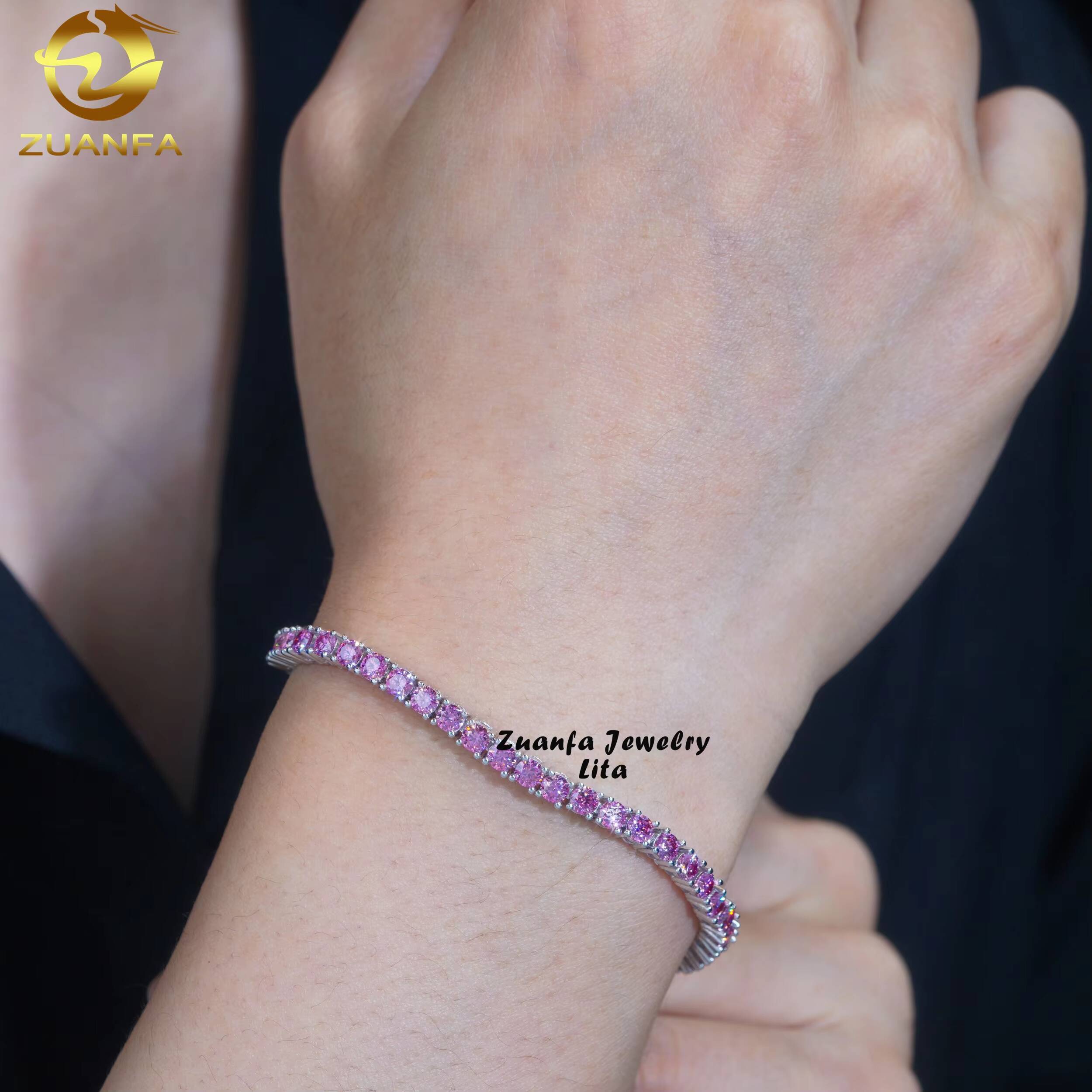 GRA Certificate Top Quality Diamond Tennis Chain 925 Silver 3mm Pink Moissanite Tennis Bracelet
