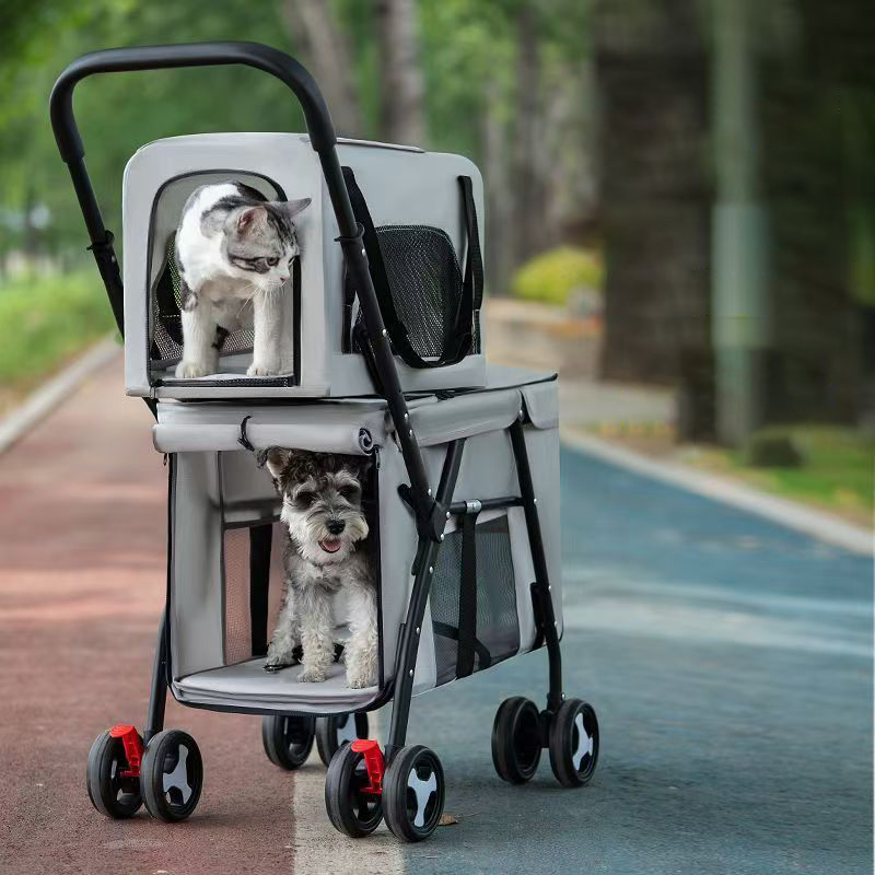 Double pet stroller with detachable straps - perfect for two dogs or cats - compact and convenient design - easy to assemble double dog stroller