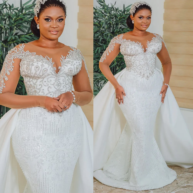 2025 Plus Size African Wedding Dress Bridal Gowns For Bride Detachable Train Mermaid Sheer Neck Illusion Long Sleeves Beaded Lace Wedding Gowns For Bl