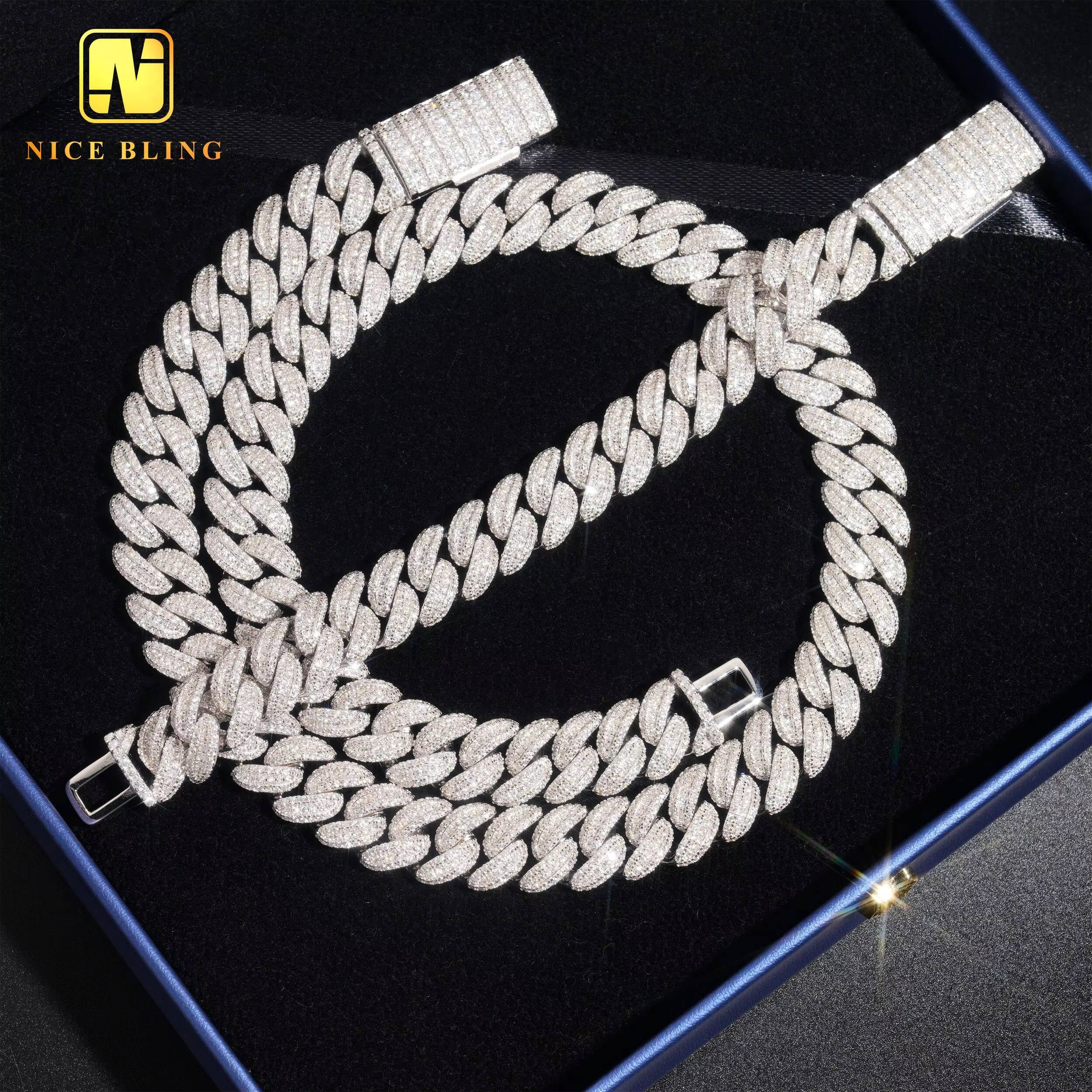 Round Moissanite Cuban Link Chain 13MM Baguette Diamond Cuban Necklace 925 Silver Hip Hop Iced Out Cuban Chains