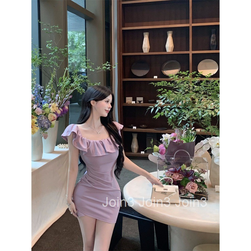 Summer New Ruffled Collar Slim Fit Bodycon Dress Off-Shoulder Two-Way Wear Slimming Short Dress