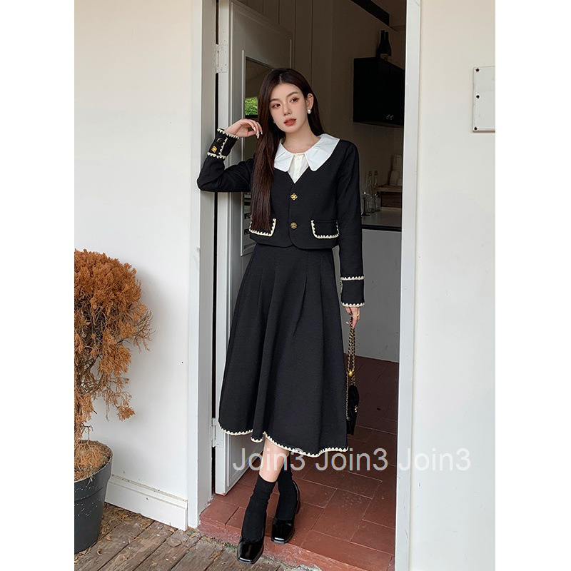 Autumn New French Style Color-Block Long Sleeve Jacket Top + Midi Skirt Set for Women