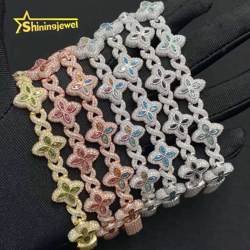 Colorful Marquise Flower Design 15mm Custom Iced Out Hip Hop Jewelry Cuban Link Chain Sier VVS Moissanite Bracelet