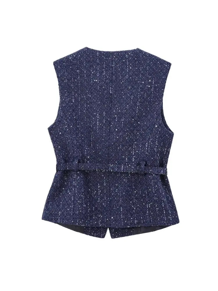 TRZAWomens Tweed Waistcoat with Belt O Neck Sleeveless Front Button Female Outerwear Chic Tops Fashion 250729