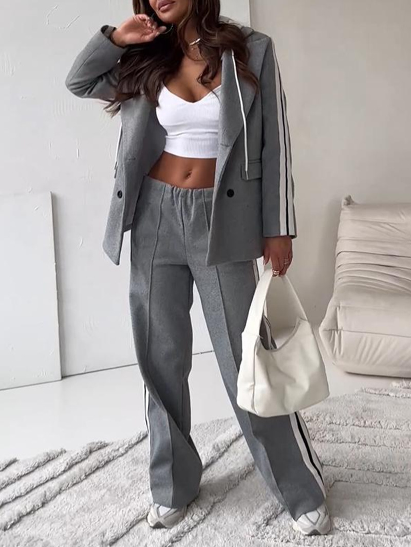 Elegant Women Pants Suit and Long Sleeve Blazer Matching Set OL Streetwear Two 2 Piece Set Winter Ribbon Outfits