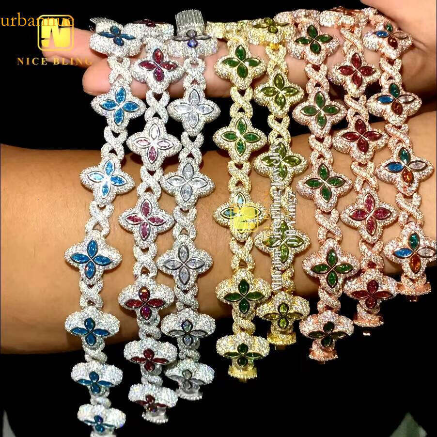 15 Options Colorful Flower Bracelet Ready Stock Hip Hop Fancy Dia Cuban Link Chain Moissanite Sier