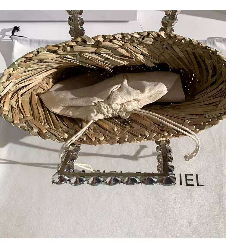 Summer Straw Woven Handmade Handbag Women Bucket Crystal Shiny Rhinestone Dia Tote Female Holiday Vacation Beach Bag