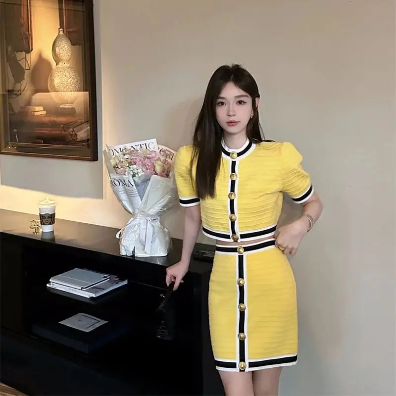 Summer Elegant Party Suit Short Sleeves Knitted Cardigan Top Slim High Waist Skirt y Women Outfits 2Piece Set K597 250729