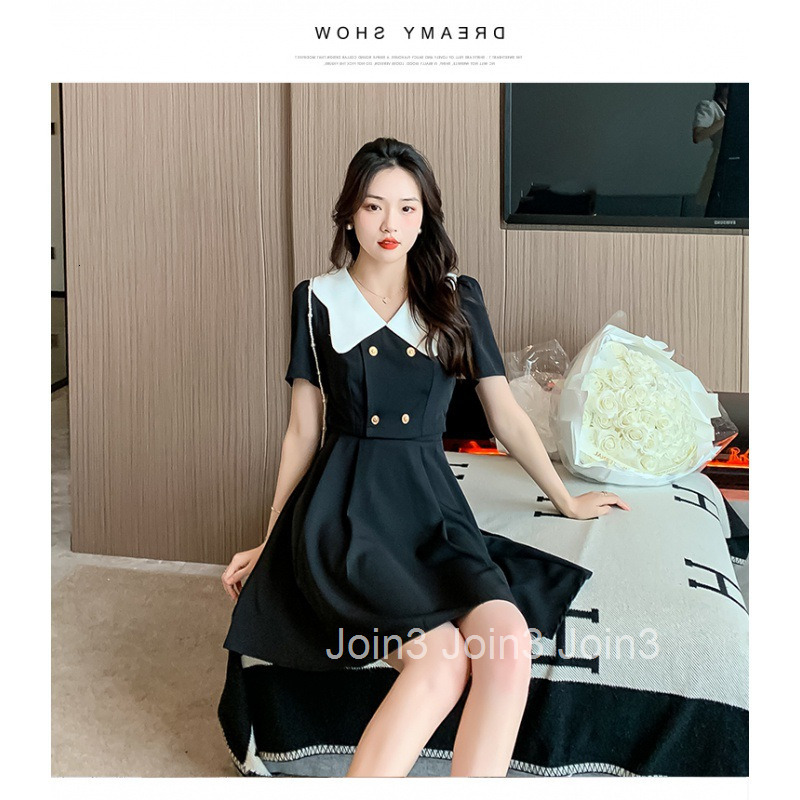 Summer New French Style Double-Breasted Doll Collar High-Waisted Slim Short-Sleeve Dress Midi Skirt