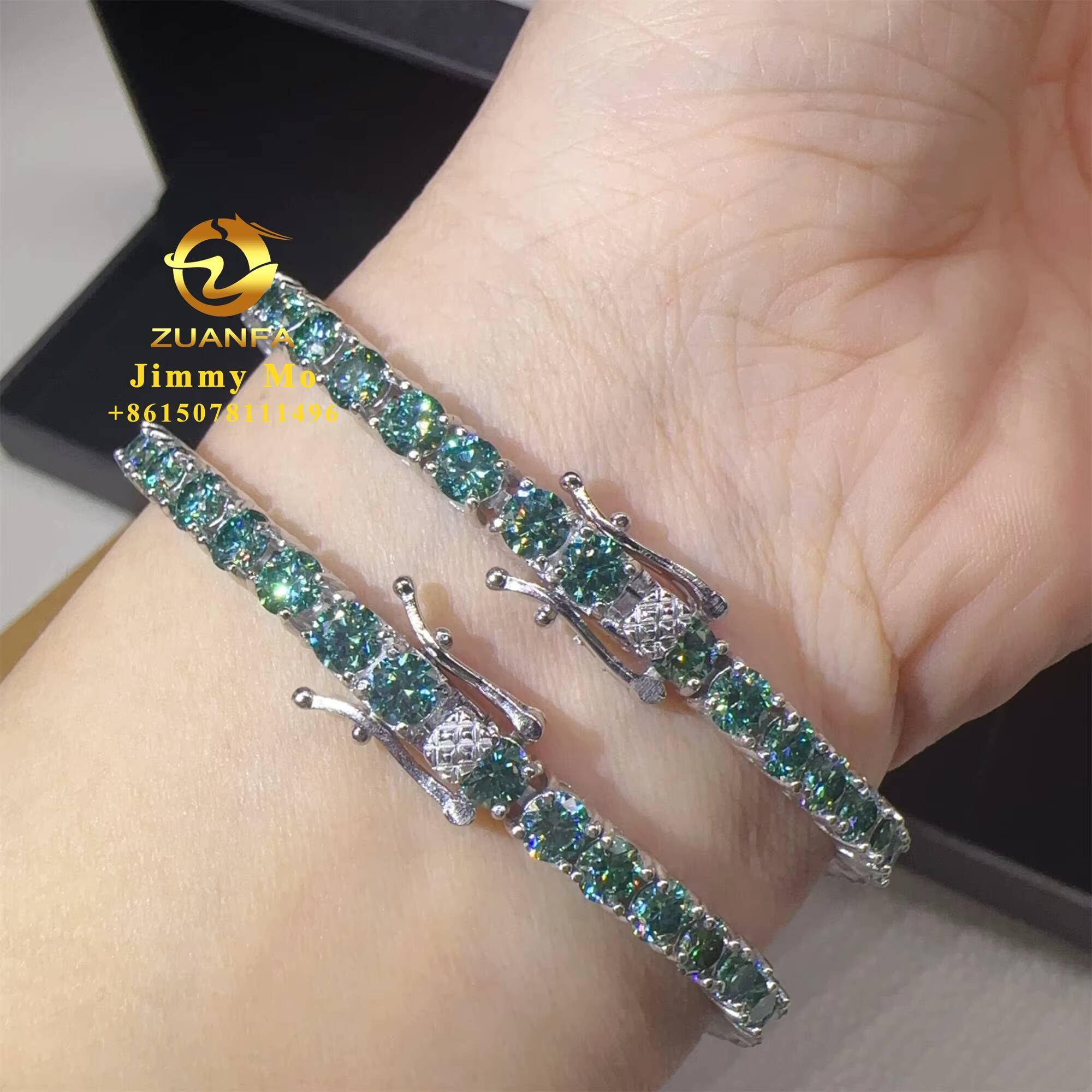 GRA Certificates 3mm 4mm S925 White Gold Plated Hip Hop Jewelry Blue Green Moissanite Diamond Tennis Chain Bracelet Men