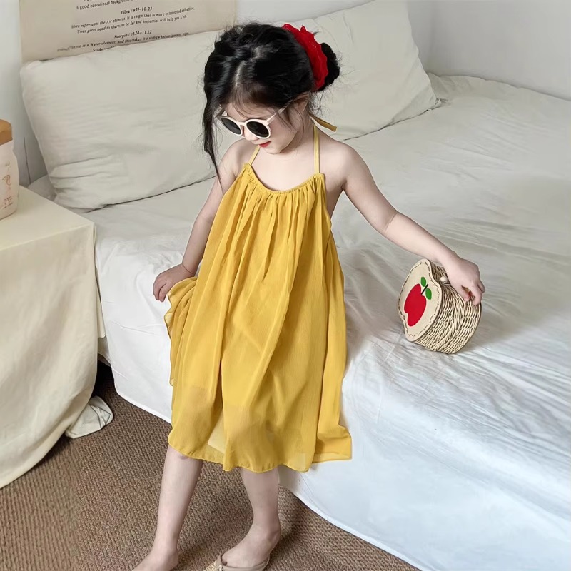 Korean Children's Clothing A Fairy-like Backless Dress with A Neck-hanging Design for Girls Beach Dress Summer New Arrivals
