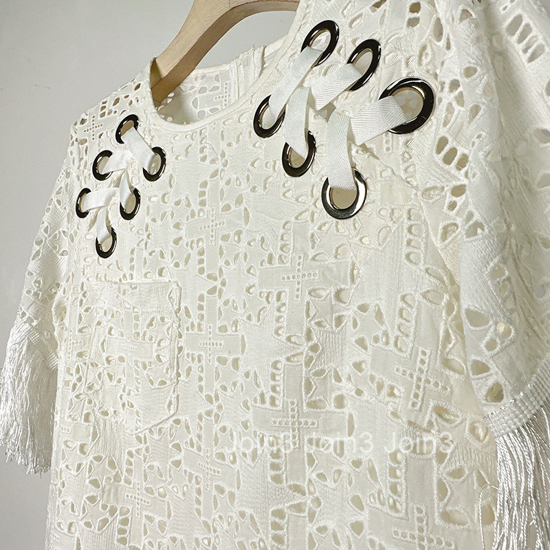 Summer New French Style Round Neck Tassel Loose Waist Hollow Out Simple Short Dress Elegant Short Sleeve Dress