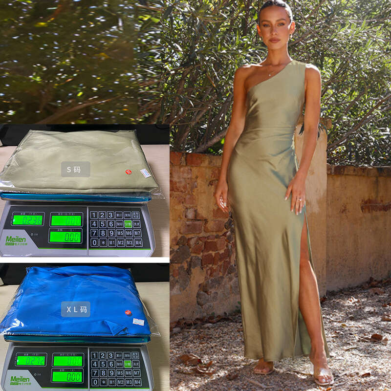 Cross-Border Spring Summer European and American Elegant Slim One-Shoulder Socialite Style Slit Sexy Satin Dress for Women