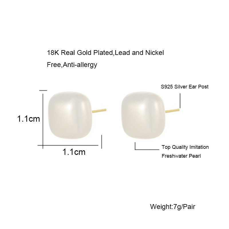 Elegant Freshwater Pearl Square Stud Earrings for Women 18K Real Gold Plated Diamond Imitation Freshwater Stud Pearl Classical Earring Wedding Jewelry