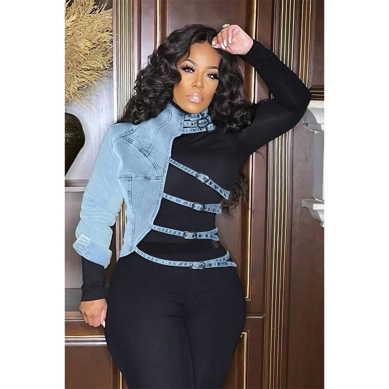 Daily Outwear Blue Mock Neck Asymmetrical Denim One Shoulder Streetwear Fashion Novelty Short Jacket Outwear Tops 250728