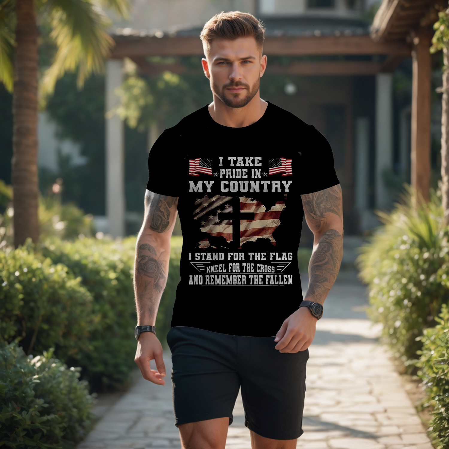 English Print Mens Summer New 3D Digital Print Pullover Crew Neck Mens T-Shirt Colorful