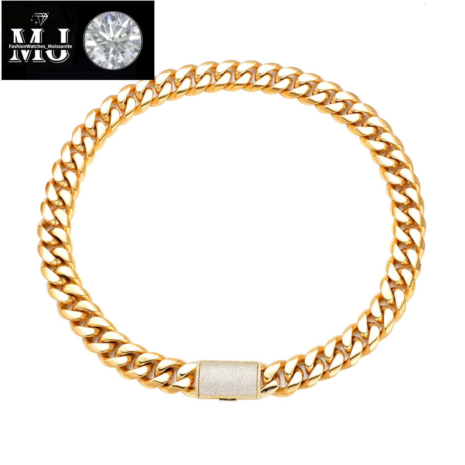 12/14/18/20/22mm Stainless Steel Hip Hop Gold Plated Cuban Chain Micro Paved Zircon Clasp Necklace