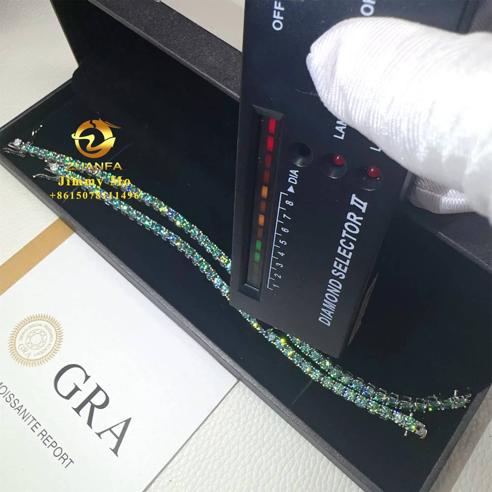 GRA Certificates 3mm 4mm S925 White Gold Plated Hip Hop Jewelry Blue Green Moissanite Diamond Tennis Chain Bracelet Men