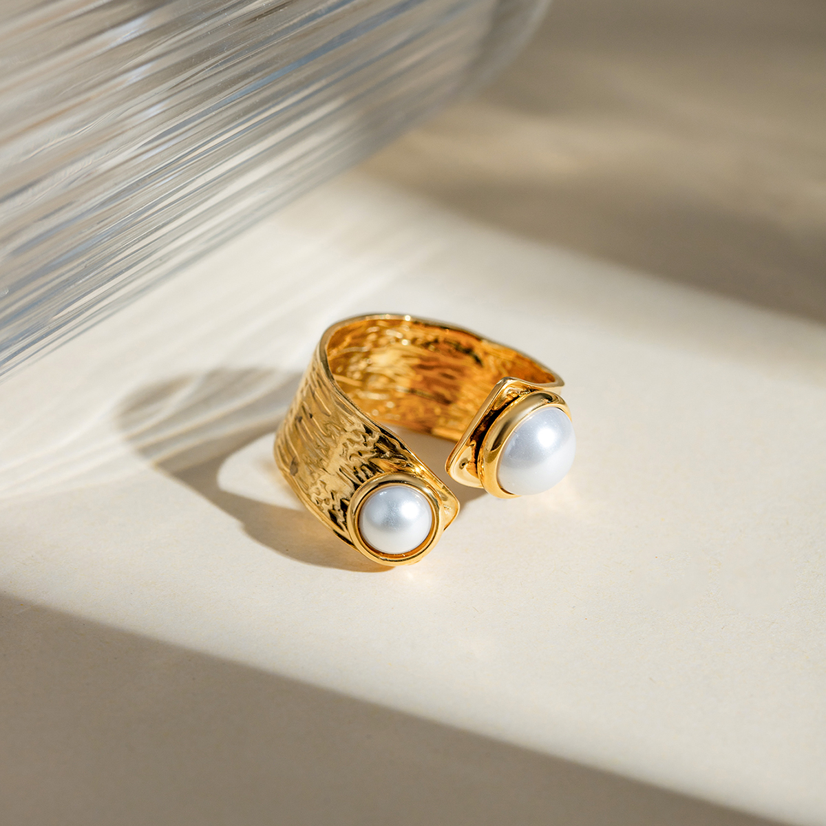 Fashion 18k Gold Plated Stainless Steel Irregular Twisty Open Ring Inlay Pearl Metal Texture Geometric High Quality Charm Jewelry
