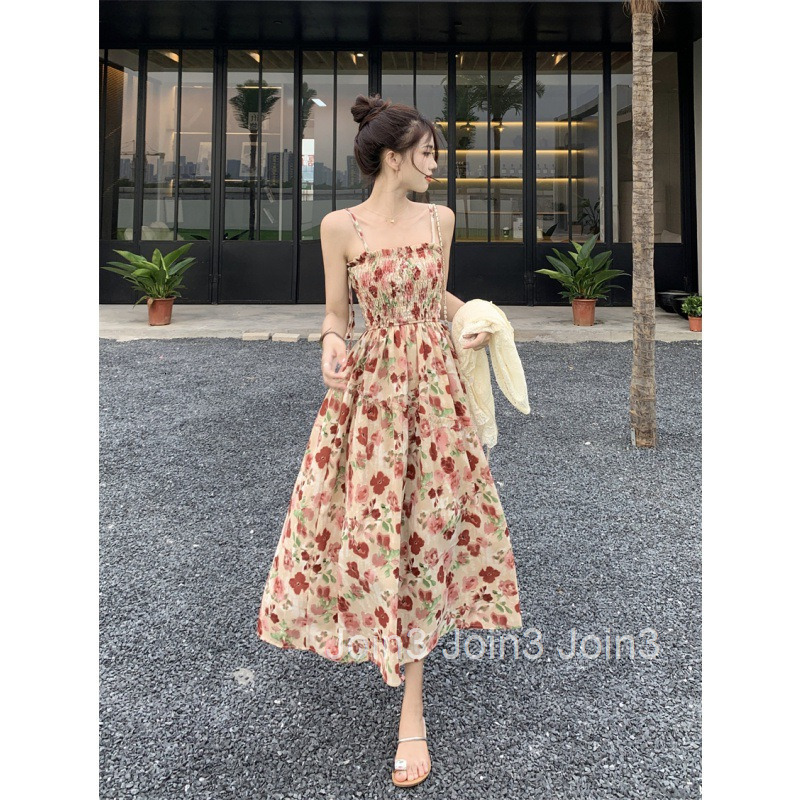 Summer New Sweet French Floral Strap Dress Chiffon Slimming Printed Long Dress
