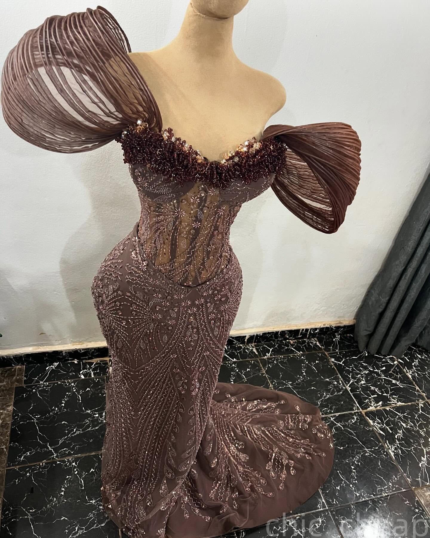 Mermaid Chocolate Prom Dresses 2025 Illusion Crystals Sequined Evening Formal Party Second Birthday Engagement Gowns Plus Size Dress For Special Occas