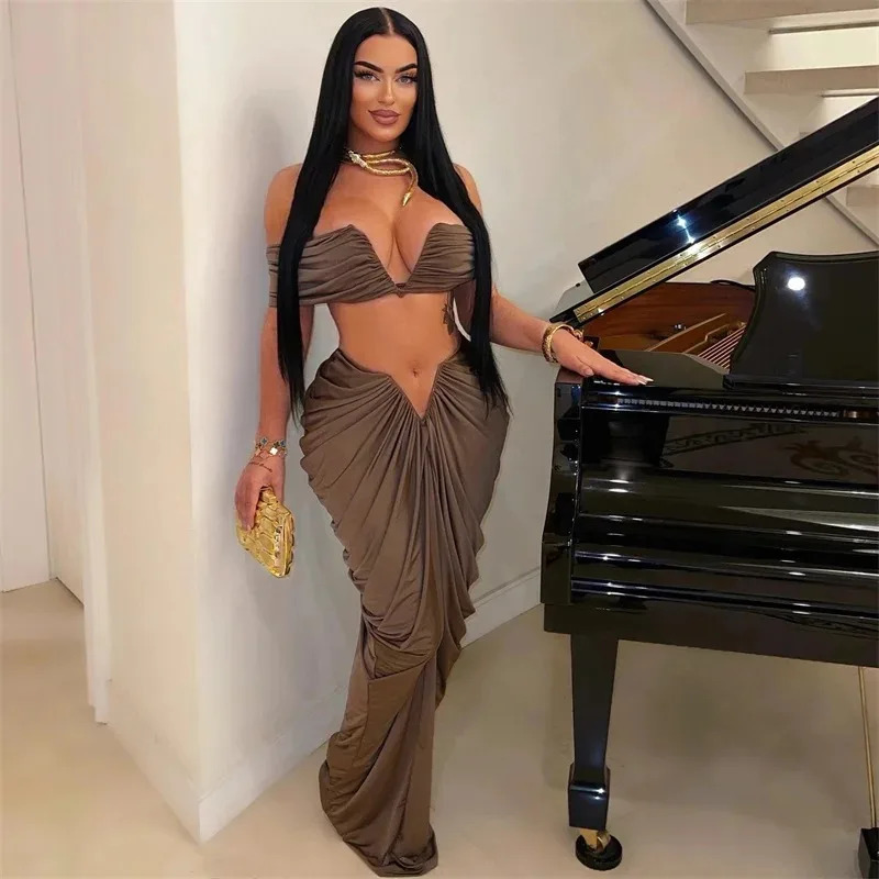 Sexy Party Night Ruched Maxi Dress Sets for Women Two Piece Set Club Outfits Slash Neck Crop Top Long Skirt Matching Sets 250729