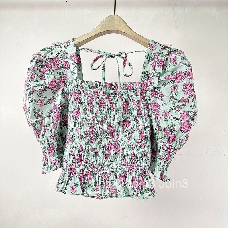 Summer New Korean and French Style Shirt Off-Shoulder Square Neck Two-Way Floral Print T-Shirt for Women Slimming Short Top