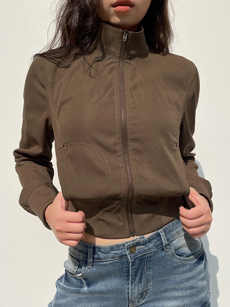 Brown Zip Up Stand Collar Pockets Long Sleeve Cargo Jackets for Women Vintage Casual Streetwear 250729