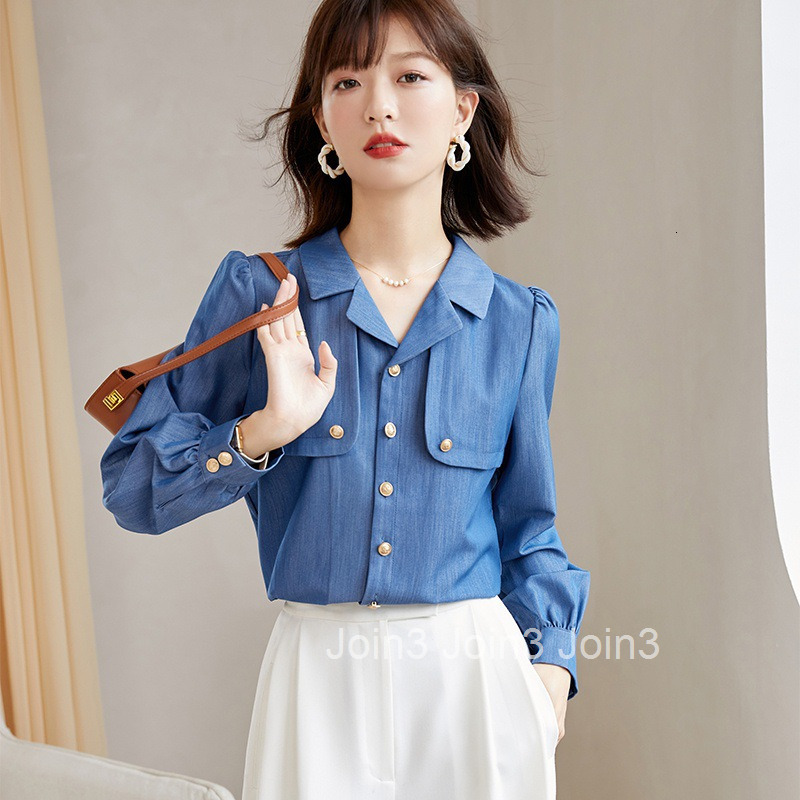 Spring and Autumn New Plus Size Womens Fashion Denim Long Sleeve Shirt Unique Chic Blouse Trendy