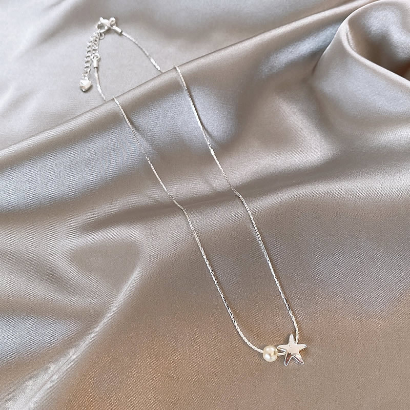 2025 New Small Star Pearl Pendant Sier Necklace for Women High-end Light Niche Design Collarbone Chain Jewelry Jewelry for Women
