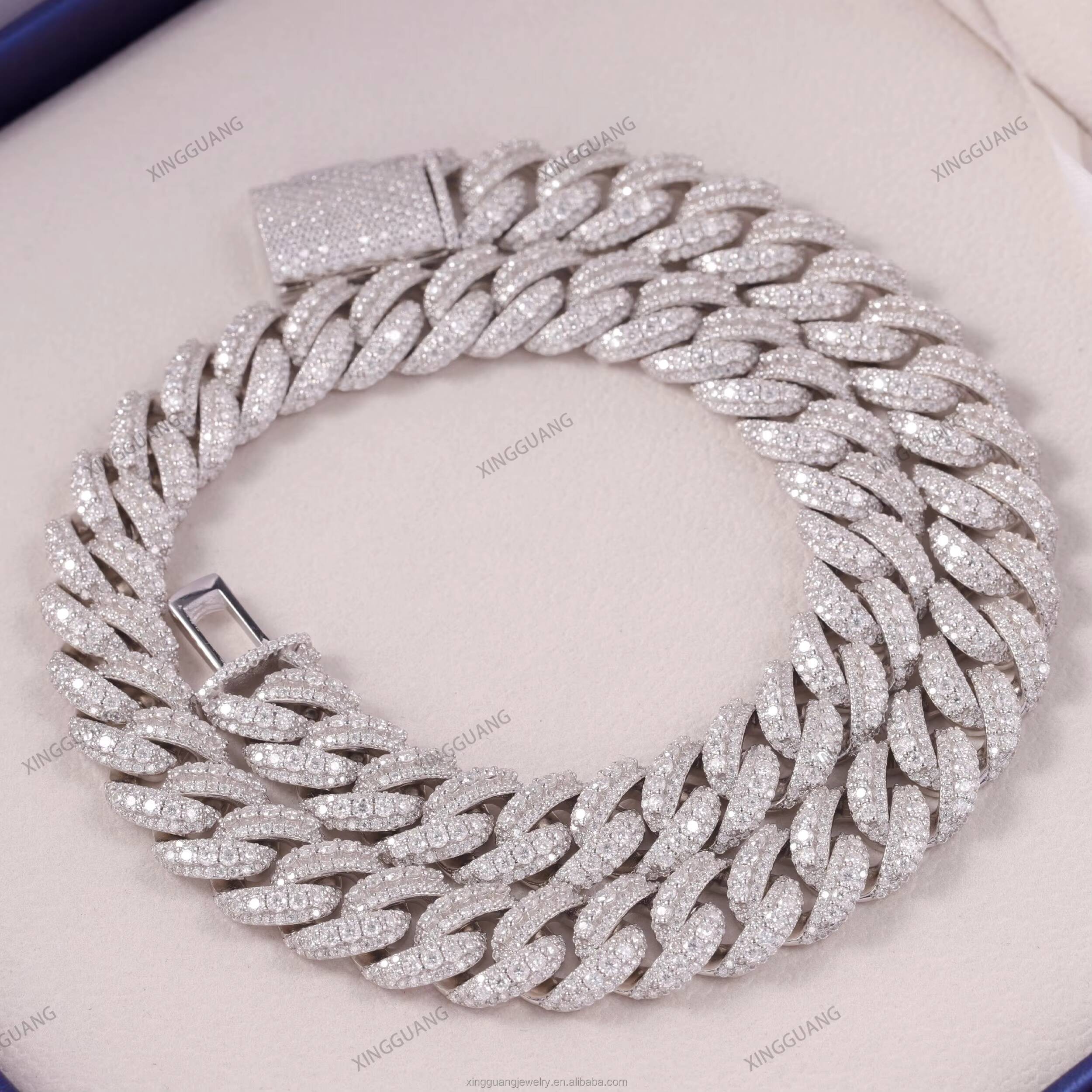 Handmade Jewelry 14mm 18mm 3row Hip Hop Necklace Cuban Chain 925 Sterling Silver with Round Brilliant Cut Moissanite Cuban Chain