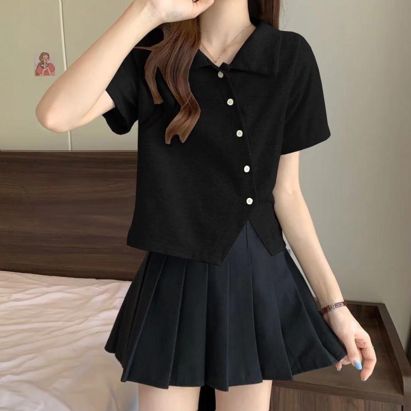 2025 Irregular Short sleeved Women's T-shirt Summer Fashion Slim fit Abdominal Cover Design Sense Regular Shoulder Polo Shirt Casual Fashion New 