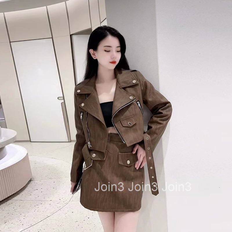 Autumn Winter New Style Elegant French Design Motorcycle Style Suit Collar Short Jacket + High Waist Short Skirt Set for Women