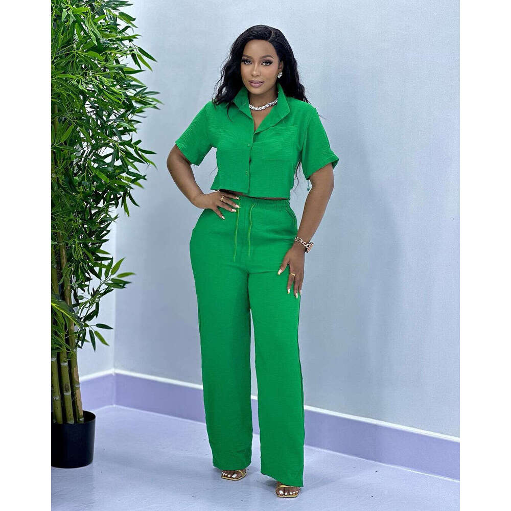 Women's Summer Solid Color Casual Plus Size Short Sleeve Shirt And Long Pants Two-Piece Set B5