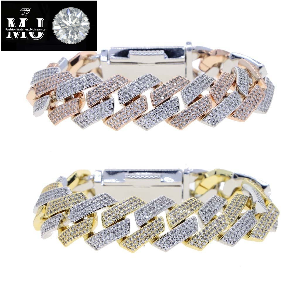 Charm Bracelets Iced Out Cuban k Bracelet For Men Prong Setting CZ Cubic Zirconia Two Tone Color Chain Bangle Hip Hop Jewelry 230815