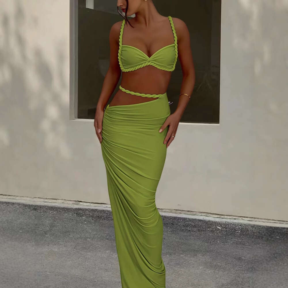 Beach Vacation Style Swimsuit for Women 2025 Spring New Sexy Backless Halter Strap Bodycon Skirt Two-Piece Set