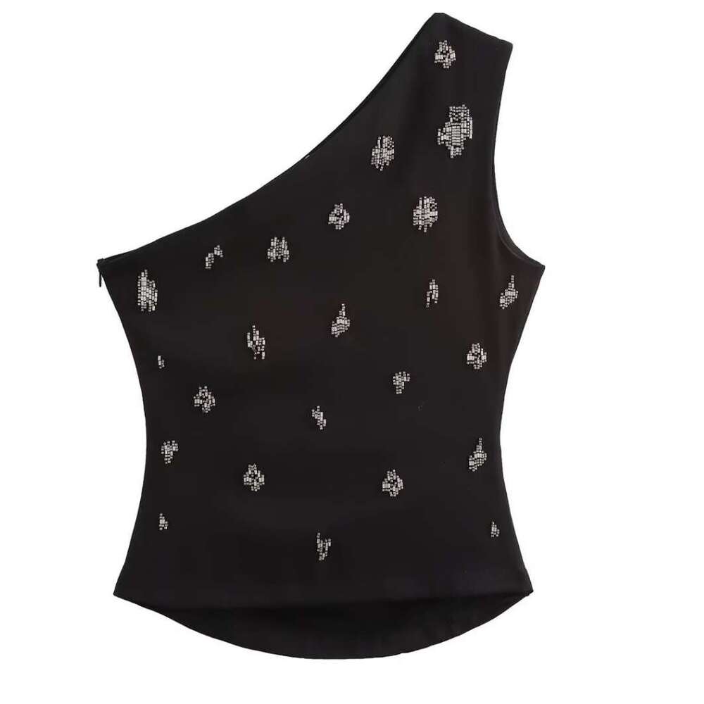 Designer Clothing 2025 Zevity 2024 Women Sexy Single Shoulder Pearl Beading Asymmetrical Blouse Female Side Zipper Slim Shirts Blusas Chic Tops Ls7223