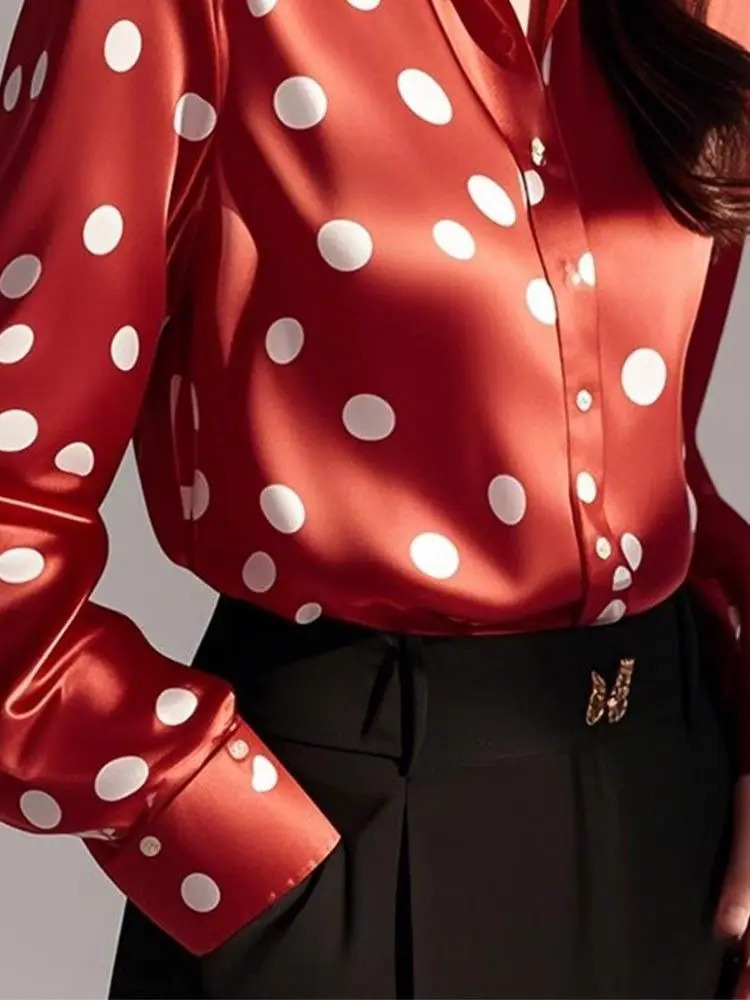 Fashion Inner Bottom Shirt Chic Red Tops Polka Dot Satin Polo Collar Women Office Lady Blouse Long Sleeve Female Clothes 250724