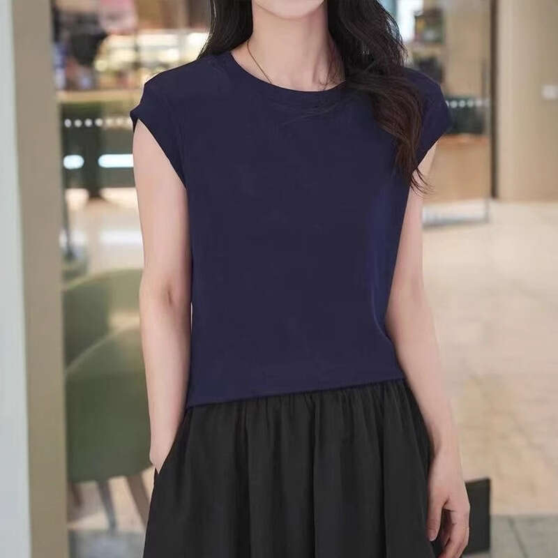 sxzy Short Sleeve T-Shirt Women with Small Flying Sleeves, 2025 New Fashionable Slimming Solid Color Top for Summer