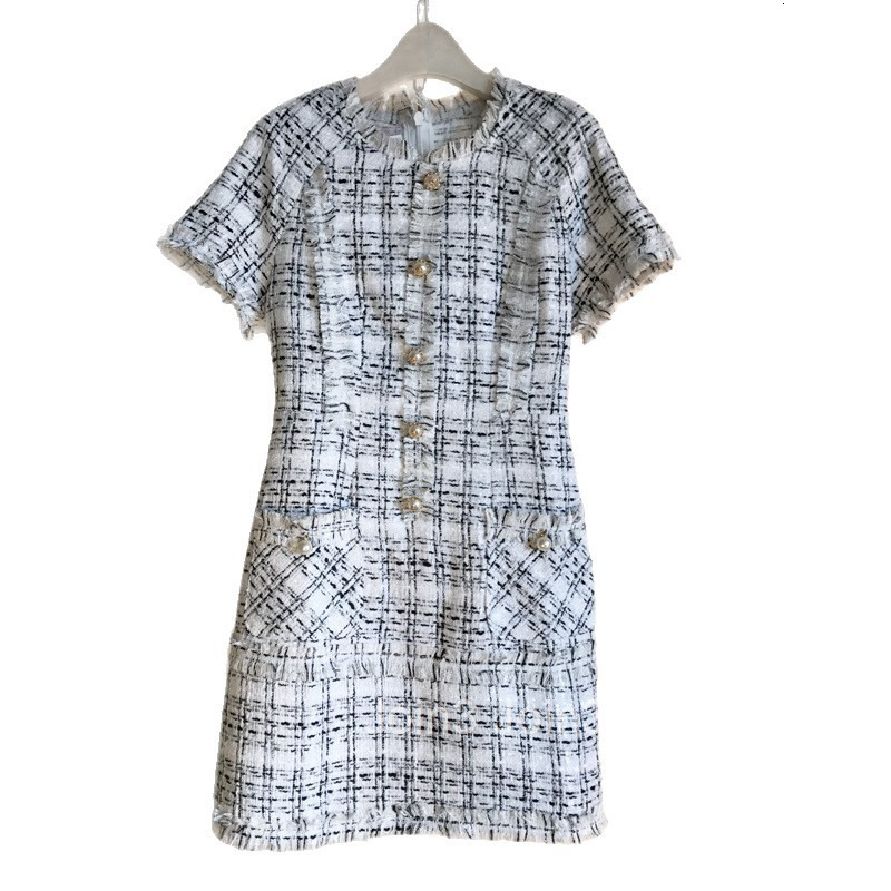 25 Summer New French Style Elegant Round Neck Plaid Wool Bodycon Short Dress Slim Fit Short Sleeve Dress