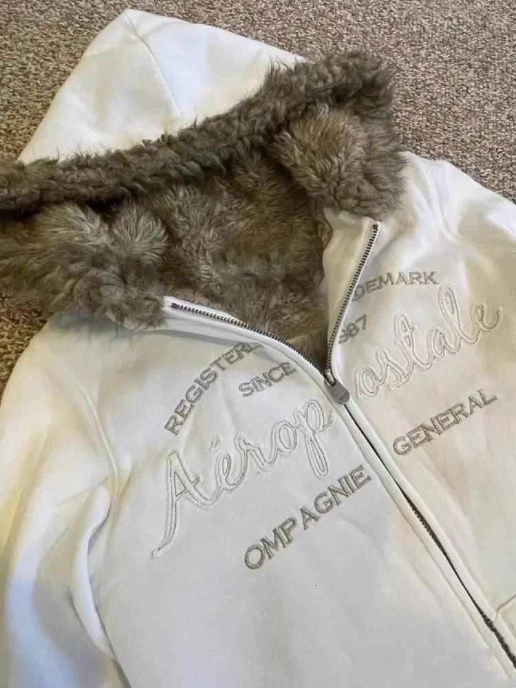 Vintage Fur Patchwork Hoodies Autumn Winter Grunge Zipper Hooded Coats Slim Fashion Y2K Letter Print Sweatshirt Jackets 250729