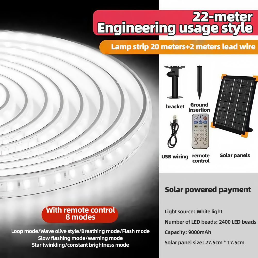 Solar Strip Self-Adhesive Waterproof Courtyard Villa Atmosphere Outdoor Super Bright LED Line String Flashing Light