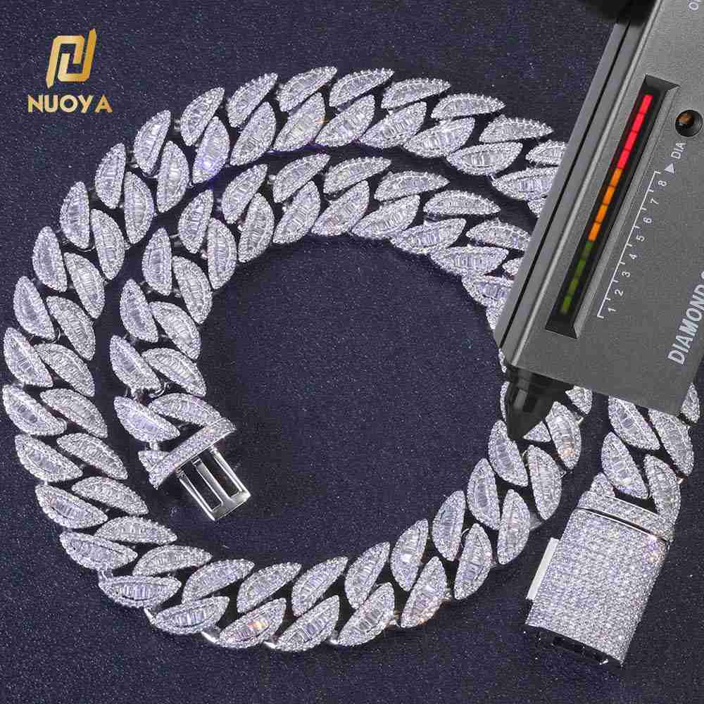 NUOYA 15mm Cuban Chain Necklace 925 Silver Full Iced Baguette Cut VVS Moissanite Mixed Inlay Hip Hop Jewelry Unisex