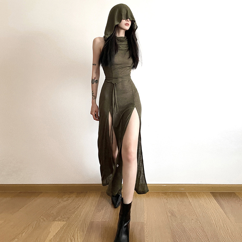 MU4220 Spring and summer fashion trend women's hooded loose hem slit personality dress