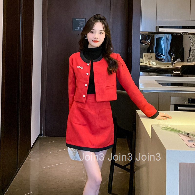 Fashion Petite Height-Enhancing Festive Red Outfit for Women Autumn Winter Tweed Jacket and Skirt Two-Piece Internet Celebrity