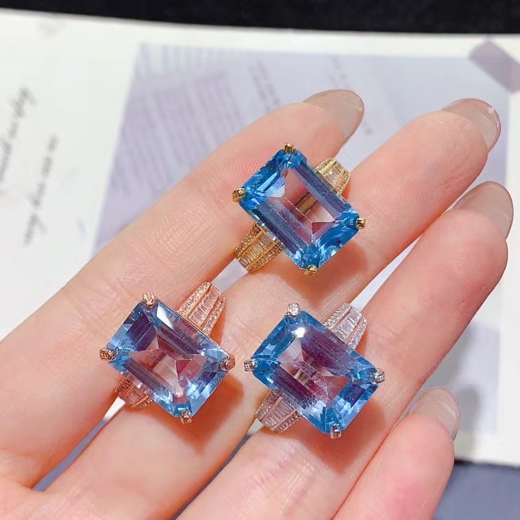 Light Blue Topaz Ring for Engagement 10mm*14mm 6ct Natural Topaz Wedding Ring Keep Shining 3 Layers 18K Gold Plated Silver Jewelry