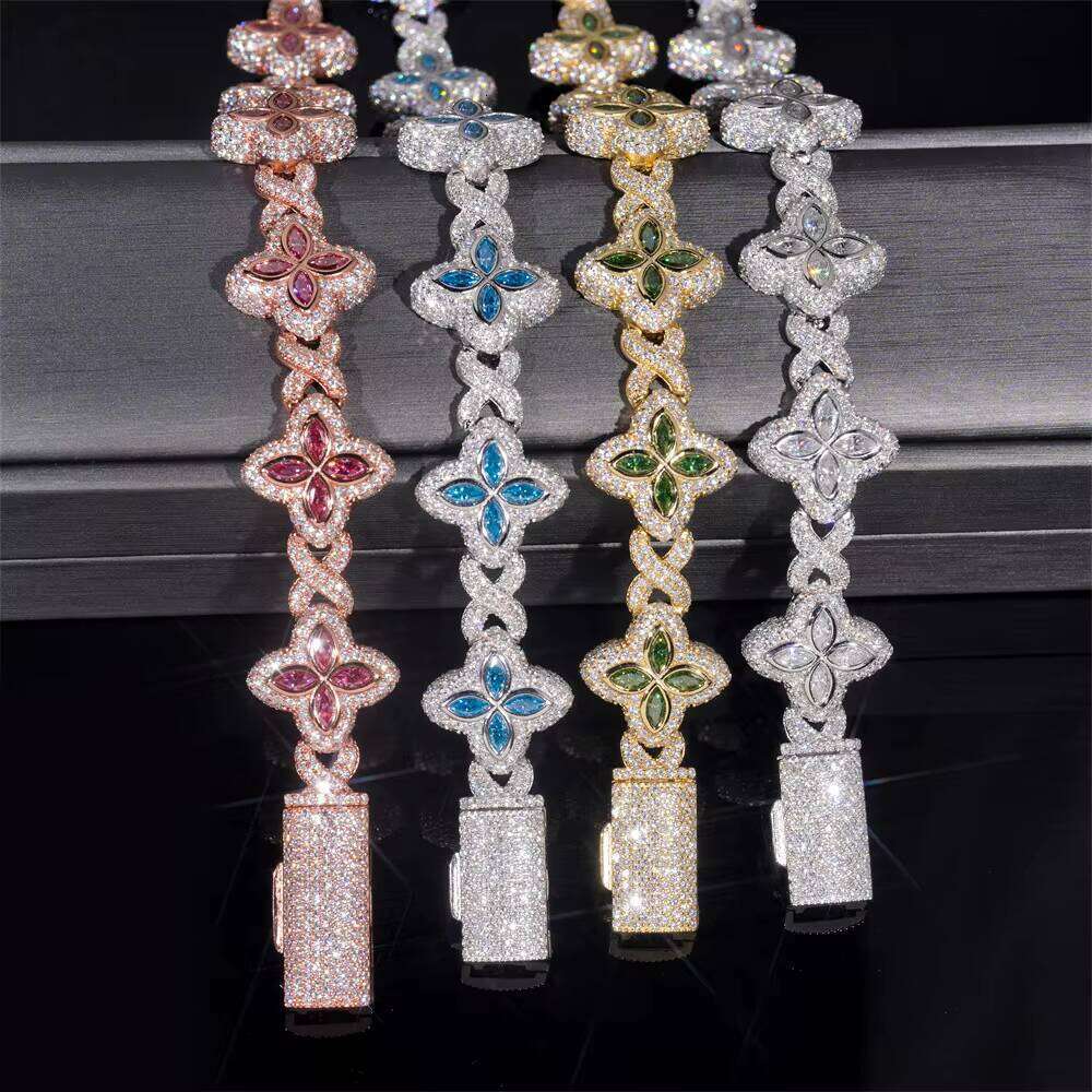 New 15mm Marquise Flower Design Hip Hop Jewelry Iced Out Unisex Cuban Link Chain Sier Moissanite Bracelet