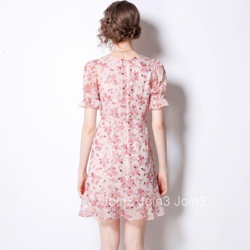 Summer New Womens Sweet High-Waisted Floral Midi Dress Slim Fit Mermaid Print Short Sleeve Dress