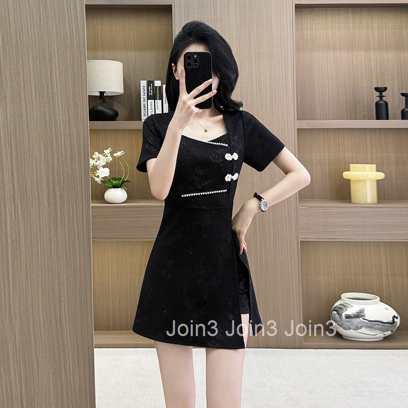 Summer New Plus Size Womens Shorts Set Stretch Slim Improved Cheongsam Short Sleeve Dress + Shorts Two-Piece Set