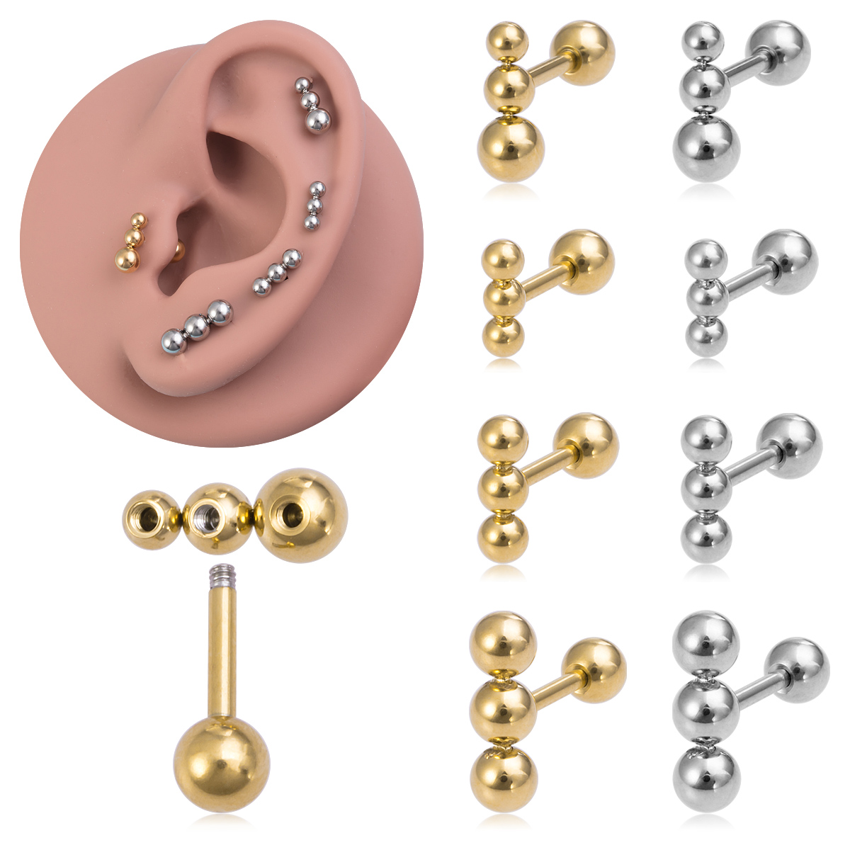 Three threaded hole steel ball stainless steel ball ear bone nail earrings human piercing jewelry wholesale